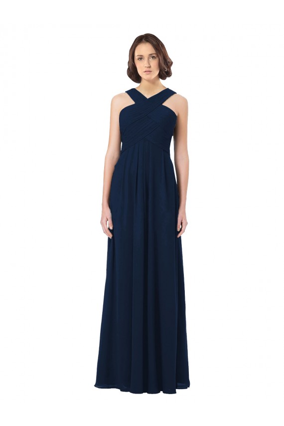 Azul marina oscuro línea A Hombros Descubiertos Gasa Largo Vestidos de dama de honor