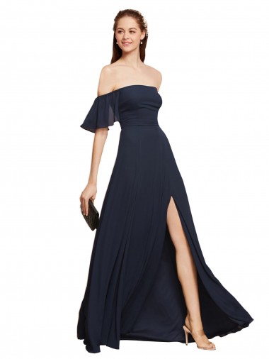 Azul marina oscuro línea A Hombros Descubiertos Gasa Largo Vestidos de dama de honor / Vestidos de fiesta