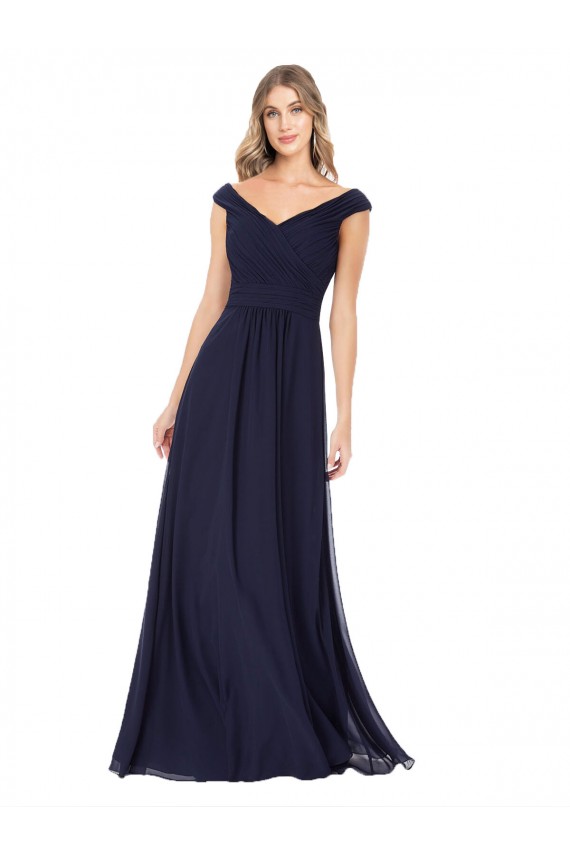 Azul marina oscuro línea A Hombros Descubiertos Gasa Largo Vestidos de dama de honor