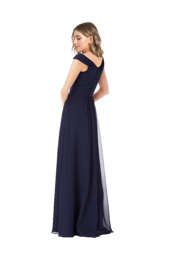 Azul marina oscuro línea A Hombros Descubiertos Gasa Largo Vestidos de dama de honor