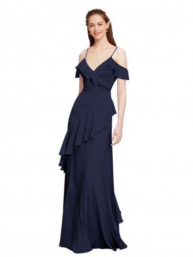 Azul marina oscuro línea A Hombros Descubiertos Tirantes espagueti Gasa Largo Vestidos de dama de honor