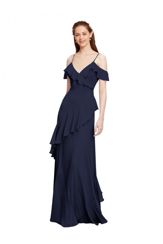 Azul marina oscuro línea A Hombros Descubiertos Tirantes espagueti Gasa Largo Vestidos de dama de honor