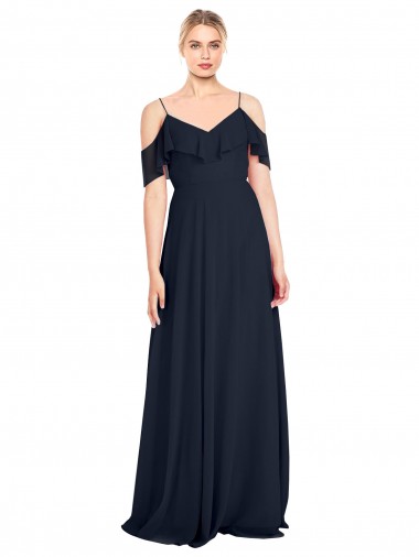 Azul marina oscuro línea A Hombros Descubiertos Tirantes espagueti Gasa Largo Vestidos de dama de honor