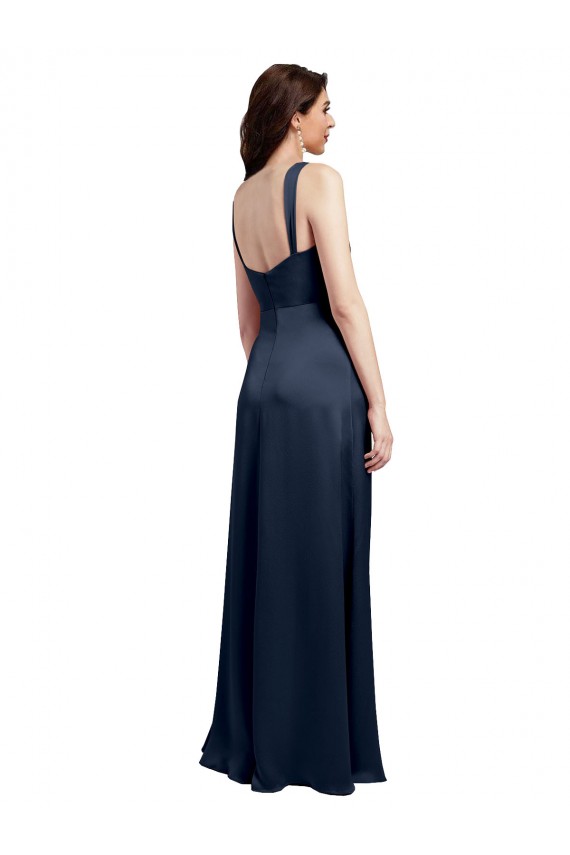 Azul marina oscuro línea A Satén elástico Largo Formales Vestidos de dama de honor / Vestidos de fiesta
