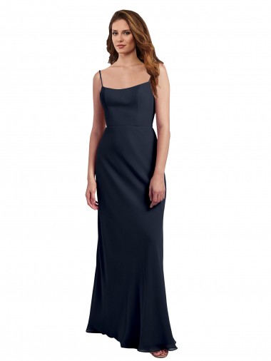 Azul marina oscuro línea A Tirantes espagueti Cucharón Gasa Largo Vestidos de dama de honor
