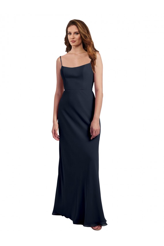 Azul marina oscuro línea A Tirantes espagueti Cucharón Gasa Largo Vestidos de dama de honor