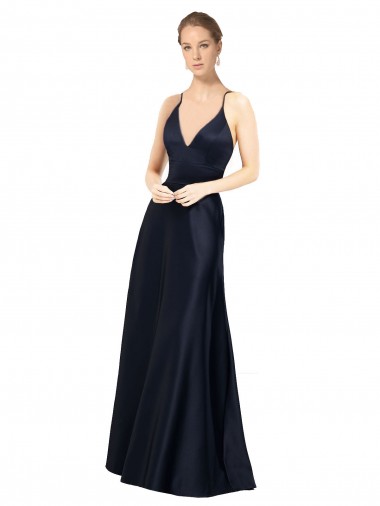 Azul marina oscuro línea A Tirantes espagueti Cuello en V Satén Largo Vestidos de dama de honor / Vestidos de fiesta