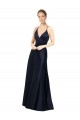 Azul marina oscuro línea A Tirantes espagueti Cuello en V Satén Largo Vestidos de dama de honor / Vestidos de fiesta