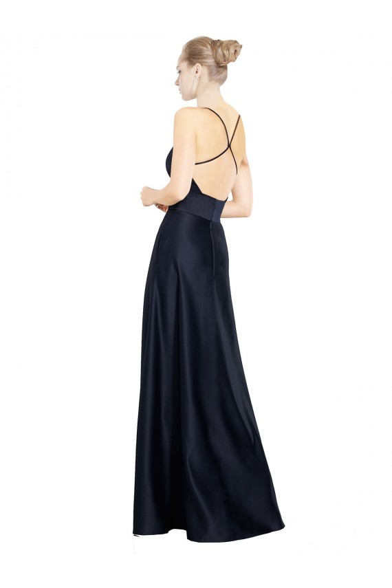 Azul marina oscuro línea A Tirantes espagueti Cuello en V Satén Largo Vestidos de dama de honor / Vestidos de fiesta