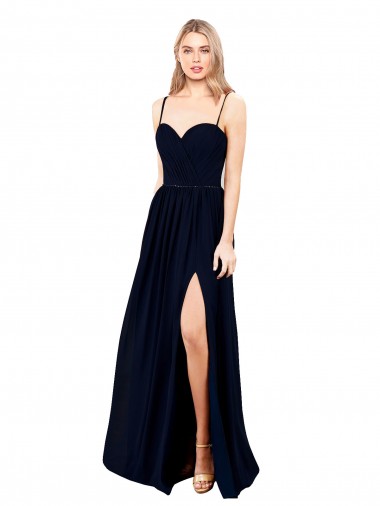 Azul marina oscuro línea A Tirantes espagueti Gasa Largo Formales Vestidos de dama de honor / Vestidos de noche