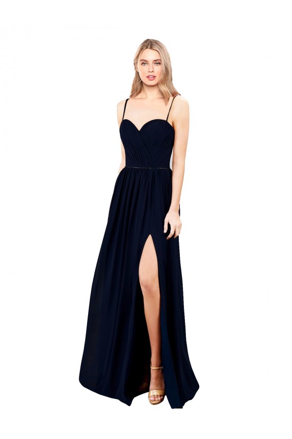 Azul marina oscuro línea A Tirantes espagueti Gasa Largo Formales Vestidos de dama de honor / Vestidos de noche