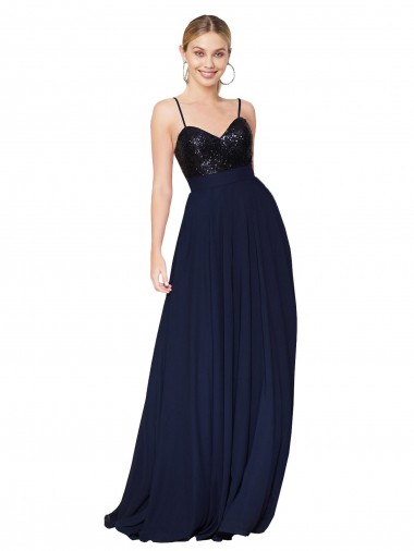 Azul marina oscuro línea A Tirantes espagueti Gasa Lentejuela Largo Vestidos de dama de honor / Vestidos de fiesta