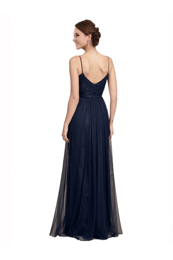 Azul marina oscuro línea A Tirantes espagueti Tul Encaje Largo Vestidos de dama de honor