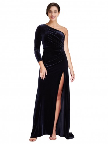 Azul marina oscuro línea A Un Hombre Barrer tren Terciopelo Elástico Largo Formales Vestidos de dama de honor / Vestidos de fiesta
