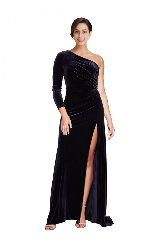 Azul marina oscuro línea A Un Hombre Barrer tren Terciopelo Elástico Largo Formales Vestidos de dama de honor / Vestidos de fiesta