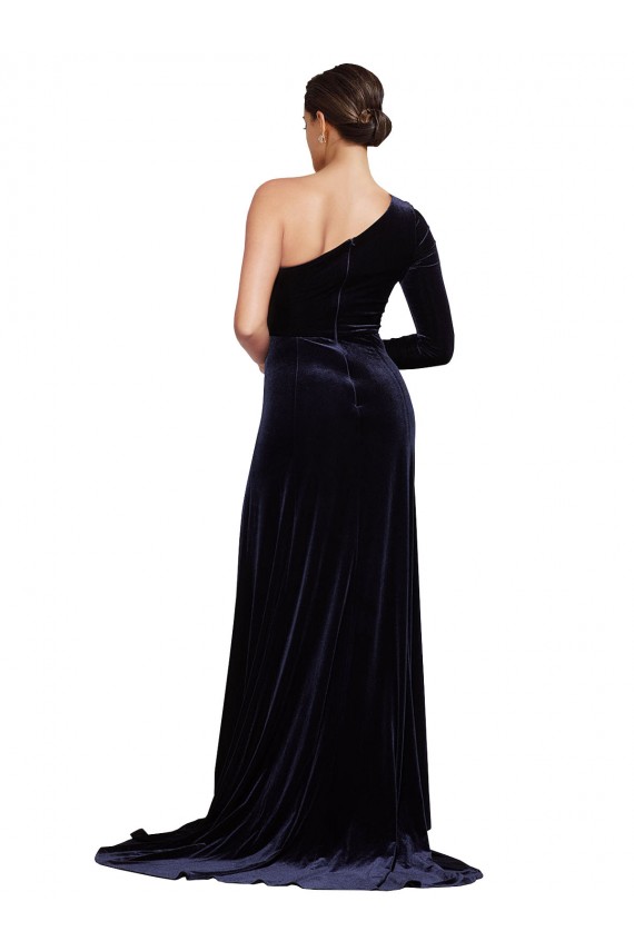 Azul marina oscuro línea A Un Hombre Barrer tren Terciopelo Elástico Largo Formales Vestidos de dama de honor / Vestidos de fiesta