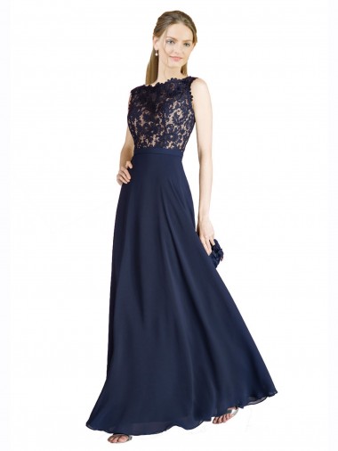 Azul marina oscuro línea A Ilusión Gasa Encaje Largo Vestidos de dama de honor / Vestidos de fiesta