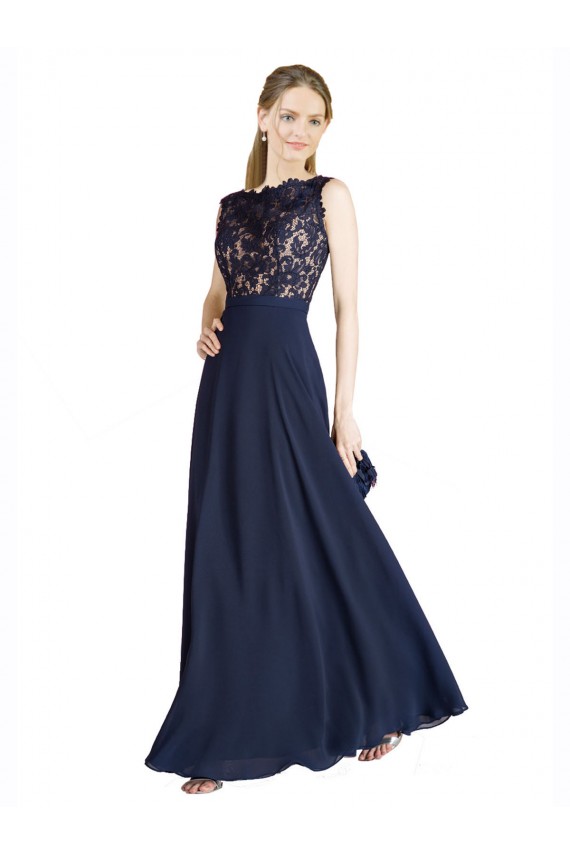 Azul marina oscuro línea A Ilusión Gasa Encaje Largo Vestidos de dama de honor / Vestidos de fiesta