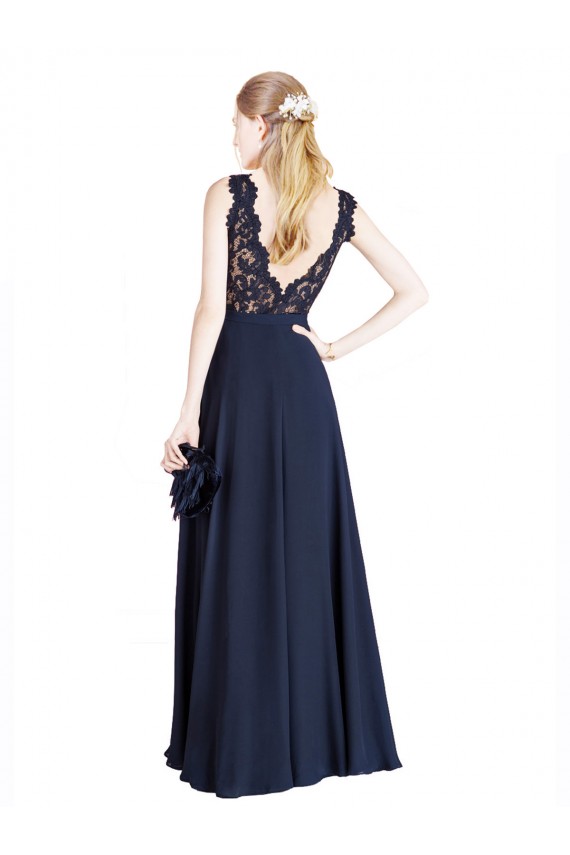 Azul marina oscuro línea A Ilusión Gasa Encaje Largo Vestidos de dama de honor / Vestidos de fiesta