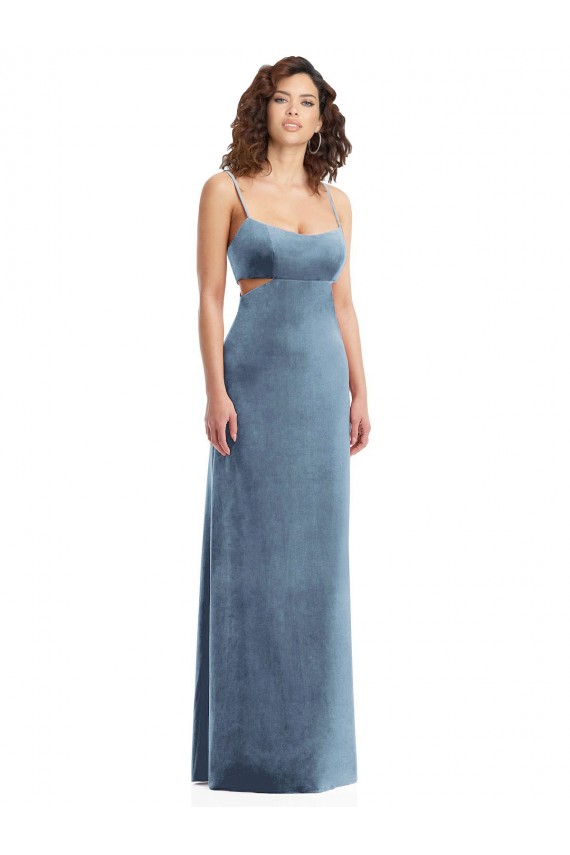 Azul polvoriento Cubierta Cuadrado Terciopelo Elástico Largo Formales Vestidos de dama de honor / Vestidos de fiesta