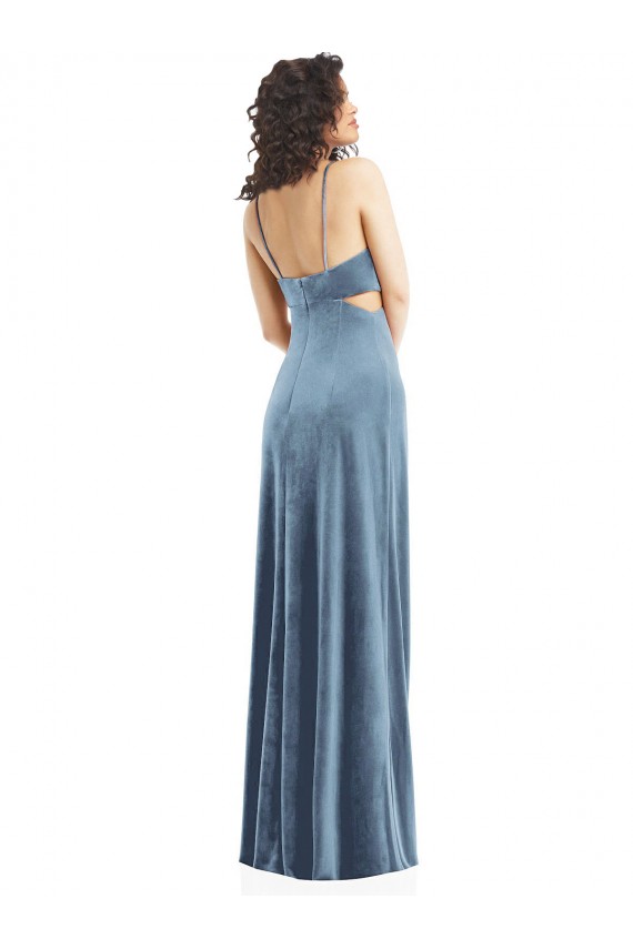 Azul polvoriento Cubierta Cuadrado Terciopelo Elástico Largo Formales Vestidos de dama de honor / Vestidos de fiesta