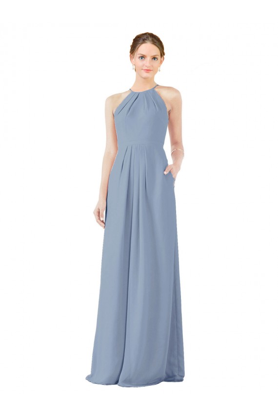 Azul polvoriento Cubierta Halter Cuello Alto Gasa Largo Vestidos de dama de honor