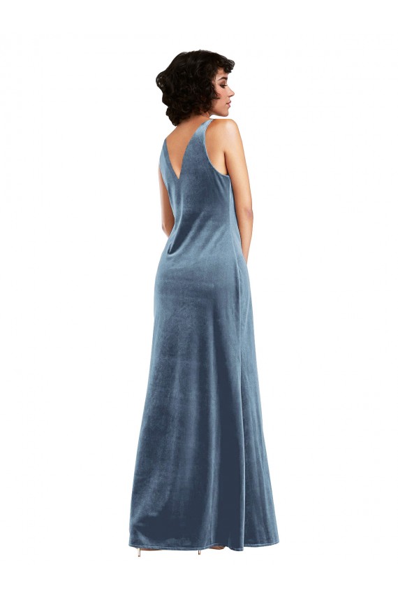 Azul polvoriento Cubierta Terciopelo Elástico Largo Vestidos de dama de honor / Vestidos de fiesta
