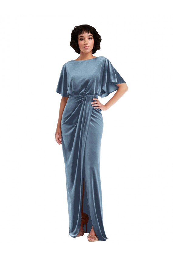Azul polvoriento Cubierta Terciopelo Elástico Largo Vestidos de dama de honor / Vestidos de fiesta