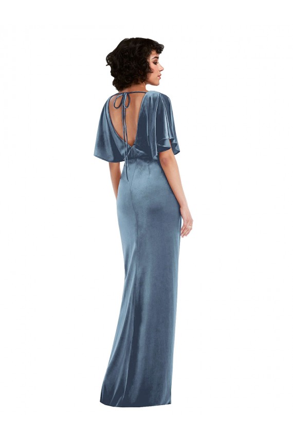 Azul polvoriento Cubierta Terciopelo Elástico Largo Vestidos de dama de honor / Vestidos de fiesta