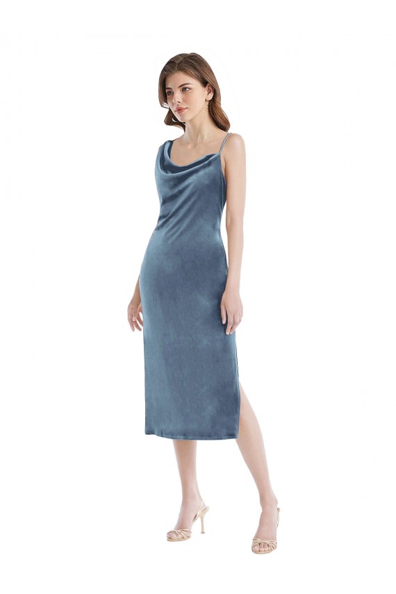 Azul polvoriento Cubierta Un Hombre Terciopelo Elástico Largo Vestidos de dama de honor / Vestidos de fiesta
