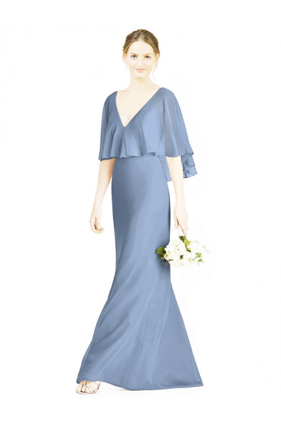 Azul polvoriento Trompeta Cuello en V Gasa Largo Vestidos de dama de honor
