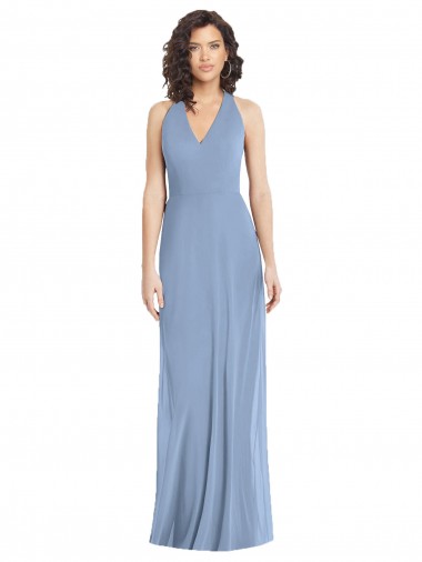 Azul polvoriento Trompeta Halter Cuello en V Gasa Largo Formales Vestidos de dama de honor / Vestidos de noche