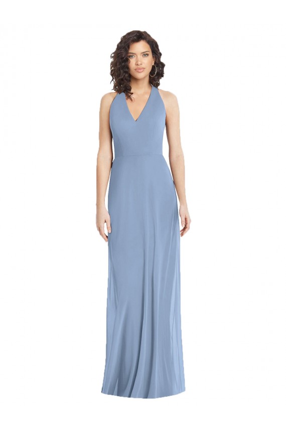 Azul polvoriento Trompeta Halter Cuello en V Gasa Largo Formales Vestidos de dama de honor / Vestidos de noche