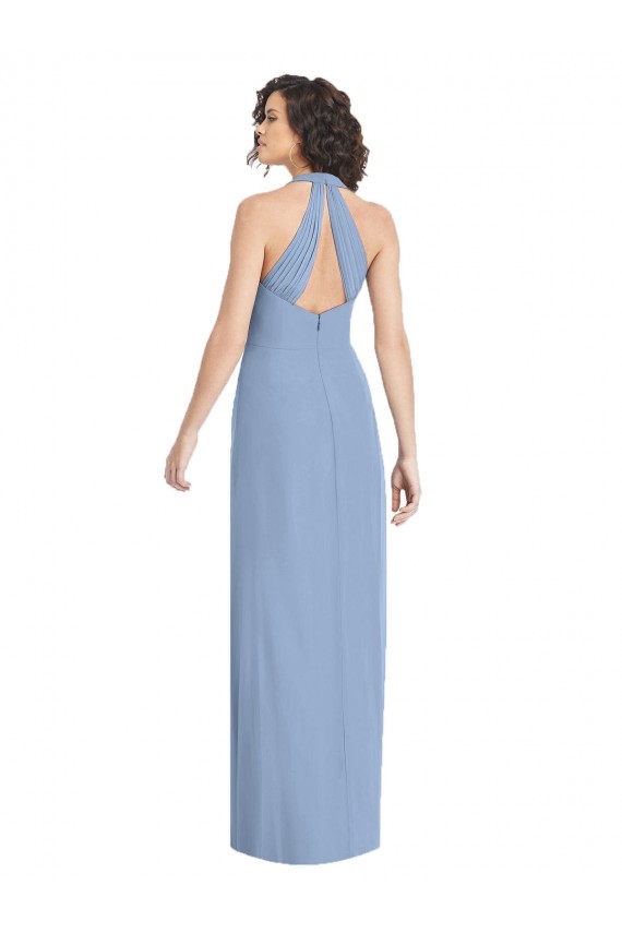 Azul polvoriento Trompeta Halter Cuello en V Gasa Largo Formales Vestidos de dama de honor / Vestidos de noche