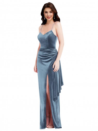 Azul polvoriento Trompeta Tirantes espagueti Terciopelo Elástico Largo Formales Vestidos de dama de honor / Vestidos de fiesta