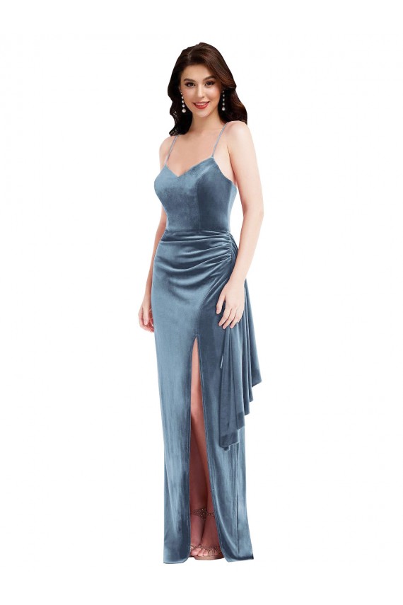 Azul polvoriento Trompeta Tirantes espagueti Terciopelo Elástico Largo Formales Vestidos de dama de honor / Vestidos de fiesta