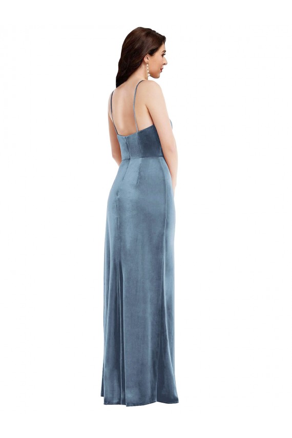 Azul polvoriento Trompeta Tirantes espagueti Terciopelo Elástico Largo Formales Vestidos de dama de honor / Vestidos de fiesta
