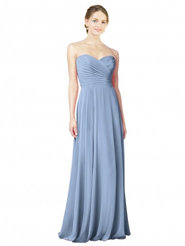 Azul polvoriento línea A Cuello de Corazón Sin tirantes Gasa Largo Vestidos de dama de honor