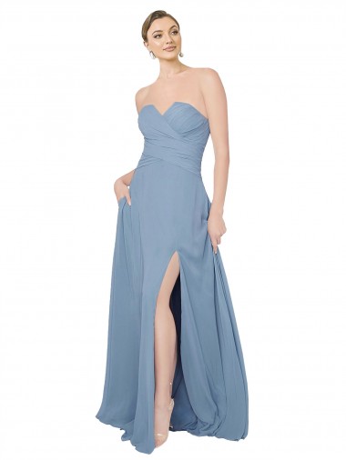 Azul polvoriento línea A Cuello de Corazón Sin tirantes Gasa Largo Vestidos de dama de honor