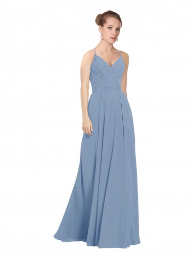Azul polvoriento línea A Cuello en V Gasa Largo Vestidos de dama de honor