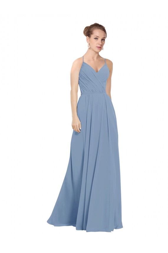 Azul polvoriento línea A Cuello en V Gasa Largo Vestidos de dama de honor