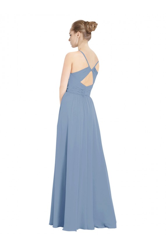 Azul polvoriento línea A Cuello en V Gasa Largo Vestidos de dama de honor