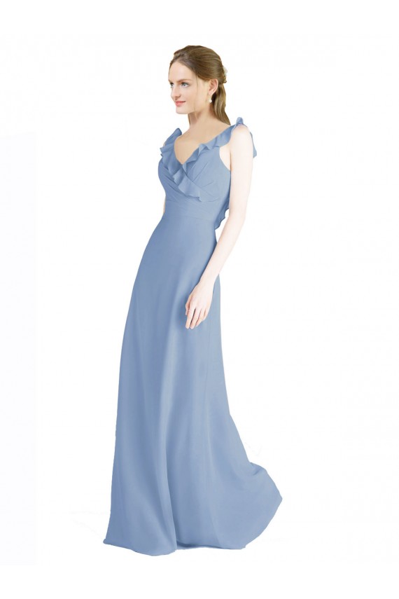 Azul polvoriento línea A Cuello en V Gasa Largo Vestidos de dama de honor