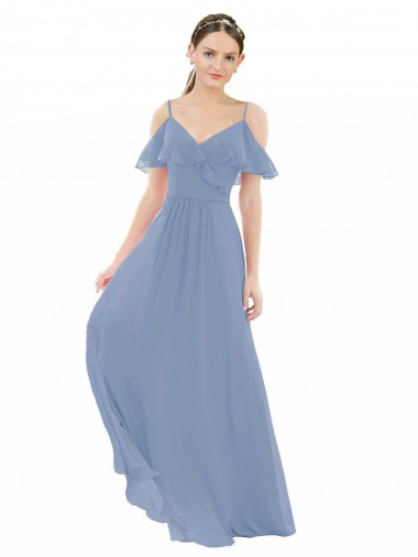 Azul polvoriento línea A Cuello en V Gasa Largo Vestidos de dama de honor