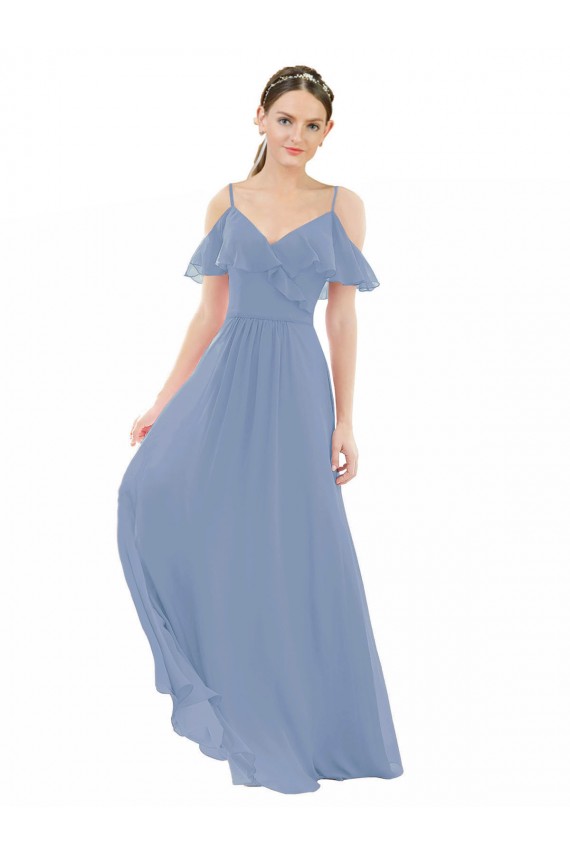 Azul polvoriento línea A Cuello en V Gasa Largo Vestidos de dama de honor