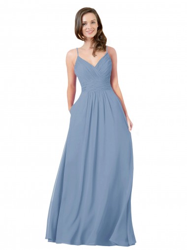 Azul polvoriento línea A Cuello en V Gasa Largo Vestidos de dama de honor