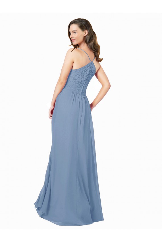 Azul polvoriento línea A Cuello en V Gasa Largo Vestidos de dama de honor