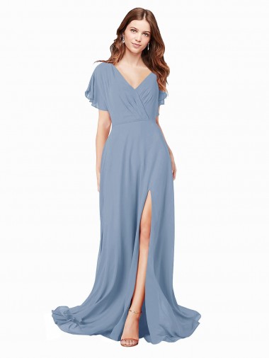 Azul polvoriento línea A Cuello en V Gasa Largo Vestidos de dama de honor / Vestidos de fiesta