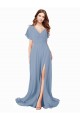 Azul polvoriento línea A Cuello en V Gasa Largo Vestidos de dama de honor / Vestidos de fiesta