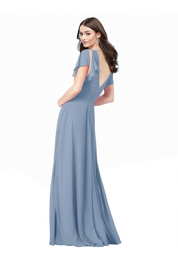 Azul polvoriento línea A Cuello en V Gasa Largo Vestidos de dama de honor / Vestidos de fiesta